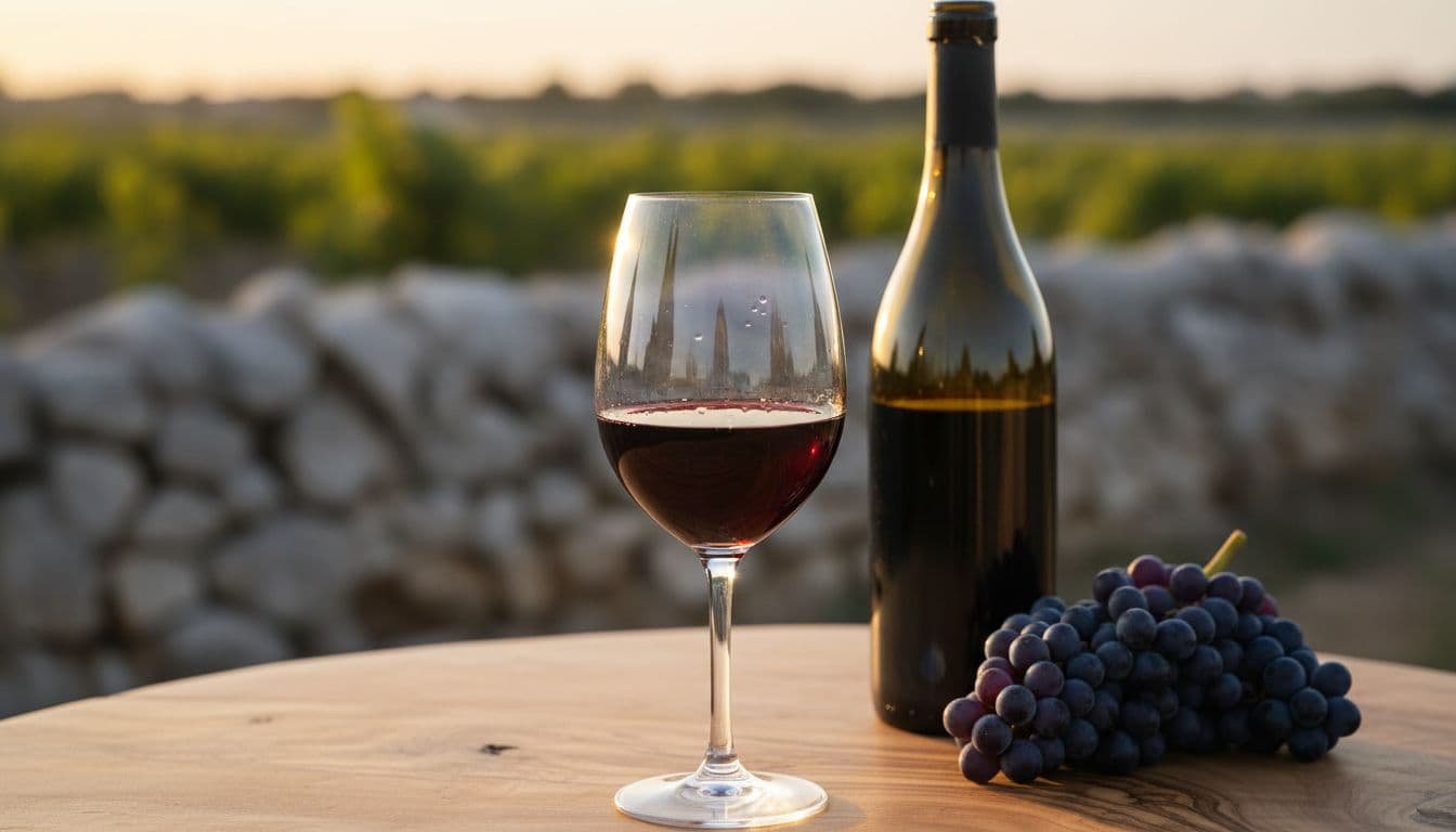 Calice di Primitivo su tavolo di legno d’ulivo con vigneto sullo sfondo