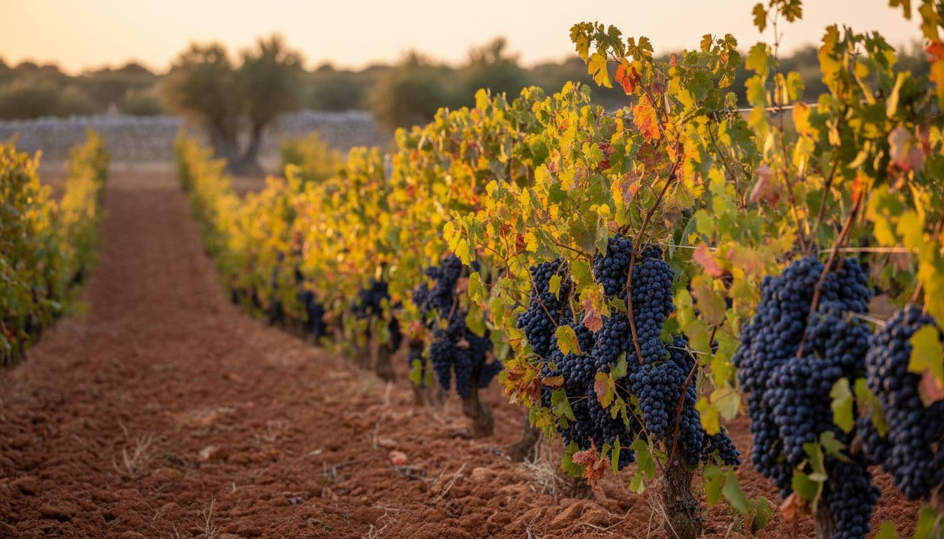 Filare di viti di Primitivo al tramonto in Puglia
