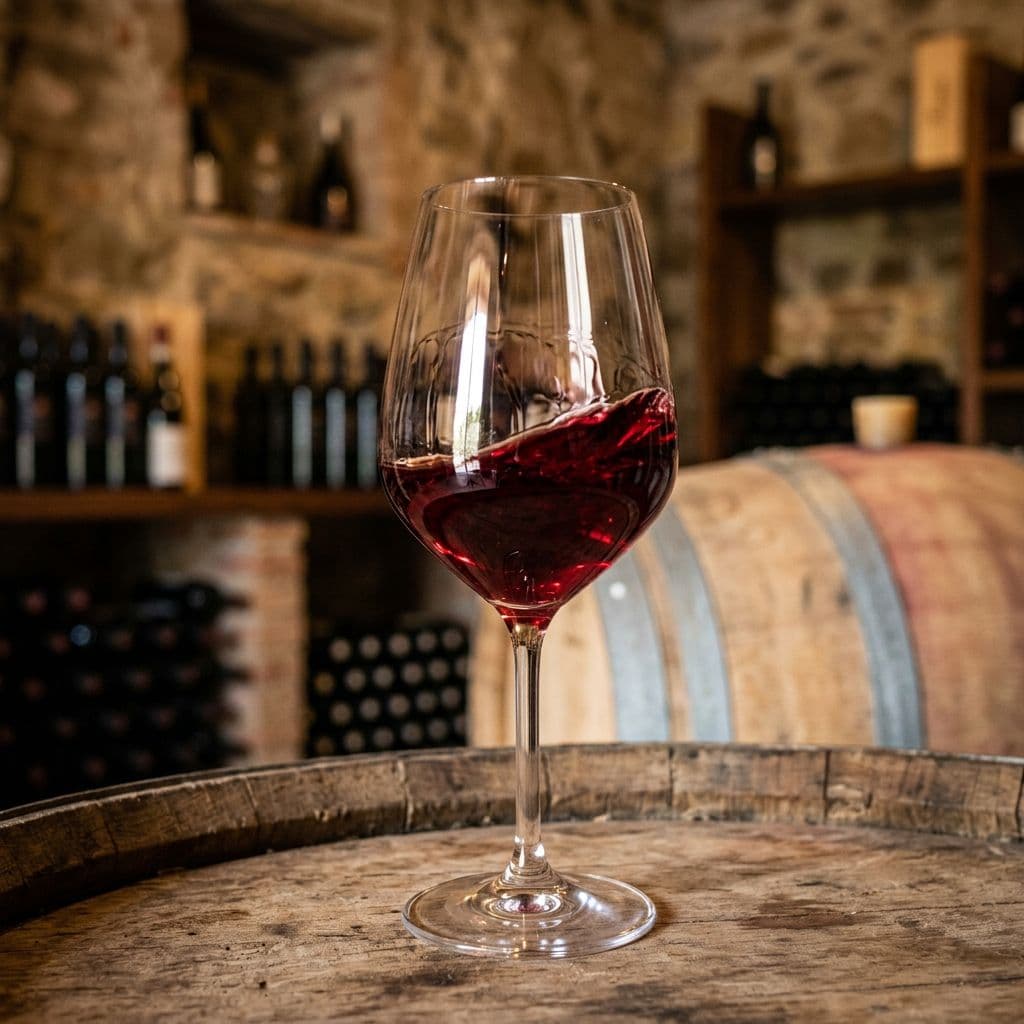 Calice di vino rosso Pugnitello in cantina toscana