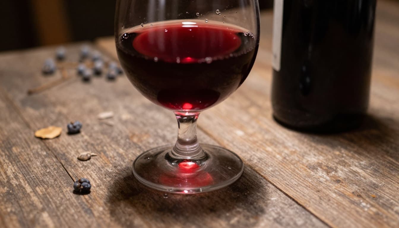 Realistic high-definition close-up of a glass of Refosco dal Peduncolo Rosso red wine on a rustic table in a Friulian cellar, featuring intense ruby reflections and condensation drops, with blurred stacked oak barrels and dried grape clusters in bokeh background. Soft natural light, shallow depth of field, and warm deep colors create an elegant, intimate atmosphere.