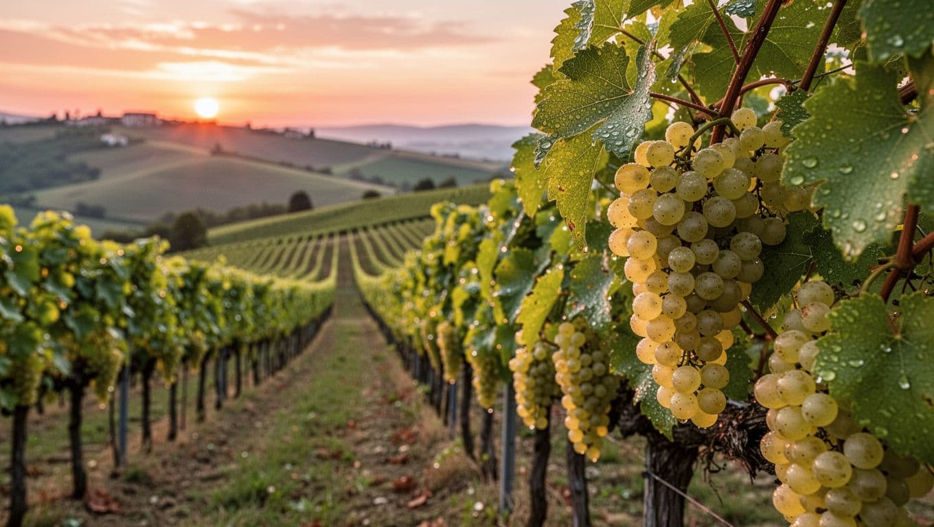 Realistic high-resolution photograph of neat rows of Ribolla Gialla vines on rolling hills in Friuli-Venezia Giulia, bathed in warm golden hour sunset light with sparkling dew on golden grapes and bokeh background.