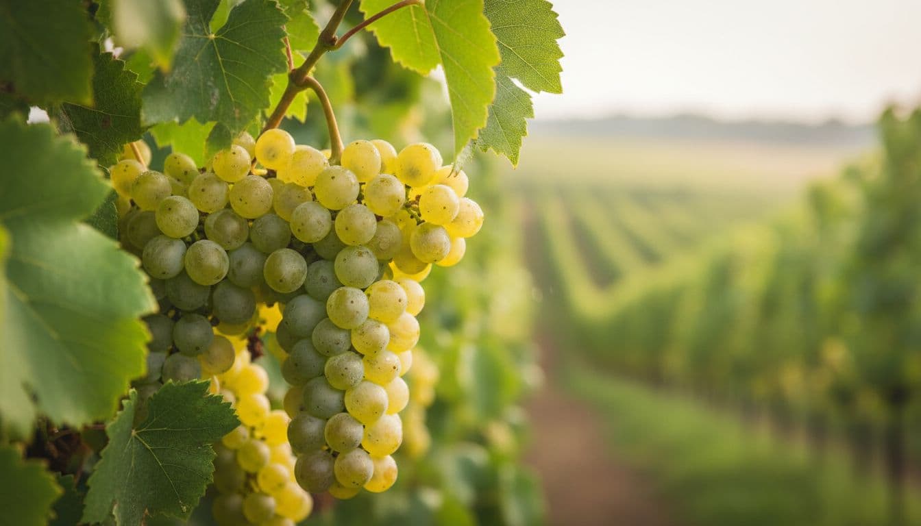 Photorealistic close-up of Riesling grape clusters with small yellow berries featuring greenish reflections, fresh green leaves, soft natural light, dew drops, and a blurred vineyard background.