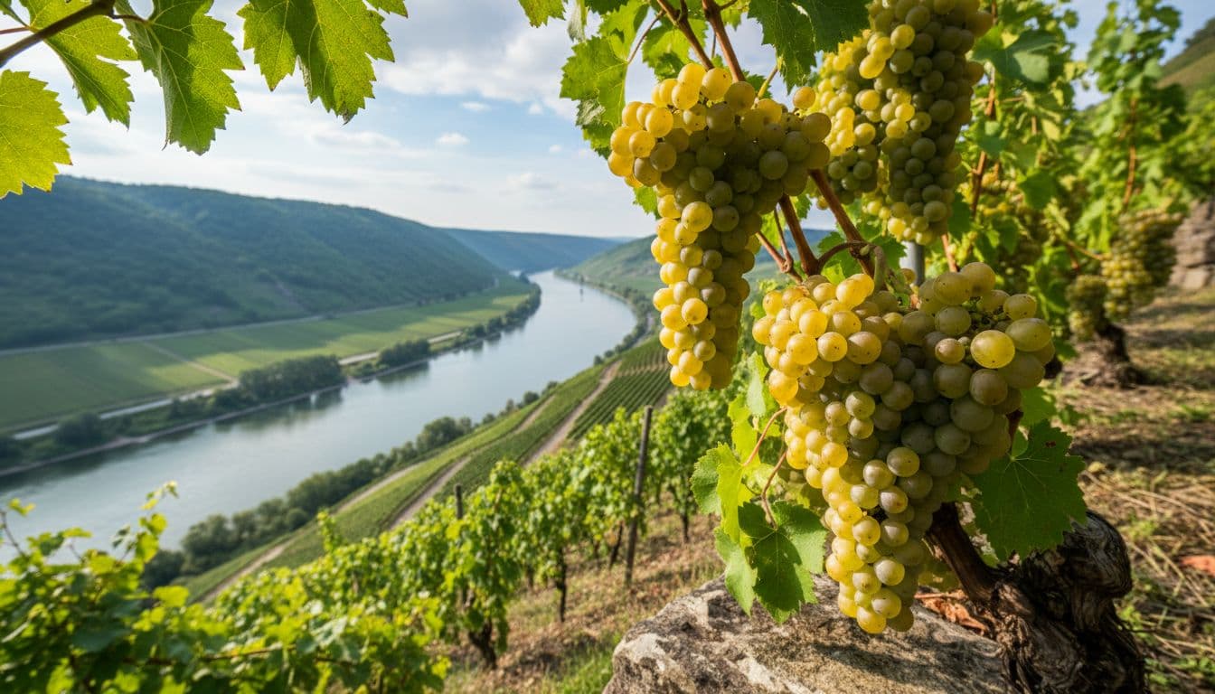 Photorealistic editorial image of Riesling vineyard on steep slopes in the Rhine Valley, featuring ripe yellow-green grape clusters in the foreground, natural morning light, fresh and elegant atmosphere, with green hills and river in the background.