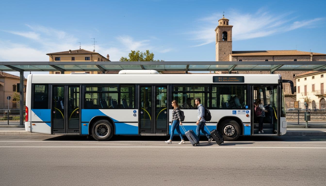A white and blue local shuttle bus stopped at a Rieti station under a sunny sky, with passengers boarding carrying suitcases in a wide side view, realistic photographic style.