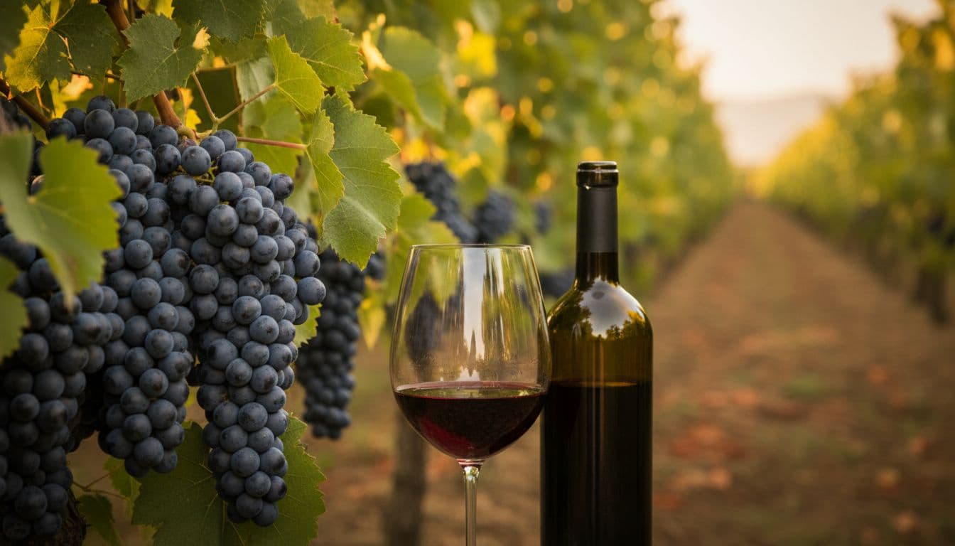 Grappoli maturi di Aglianico con calice di rosso rubino in vigneto