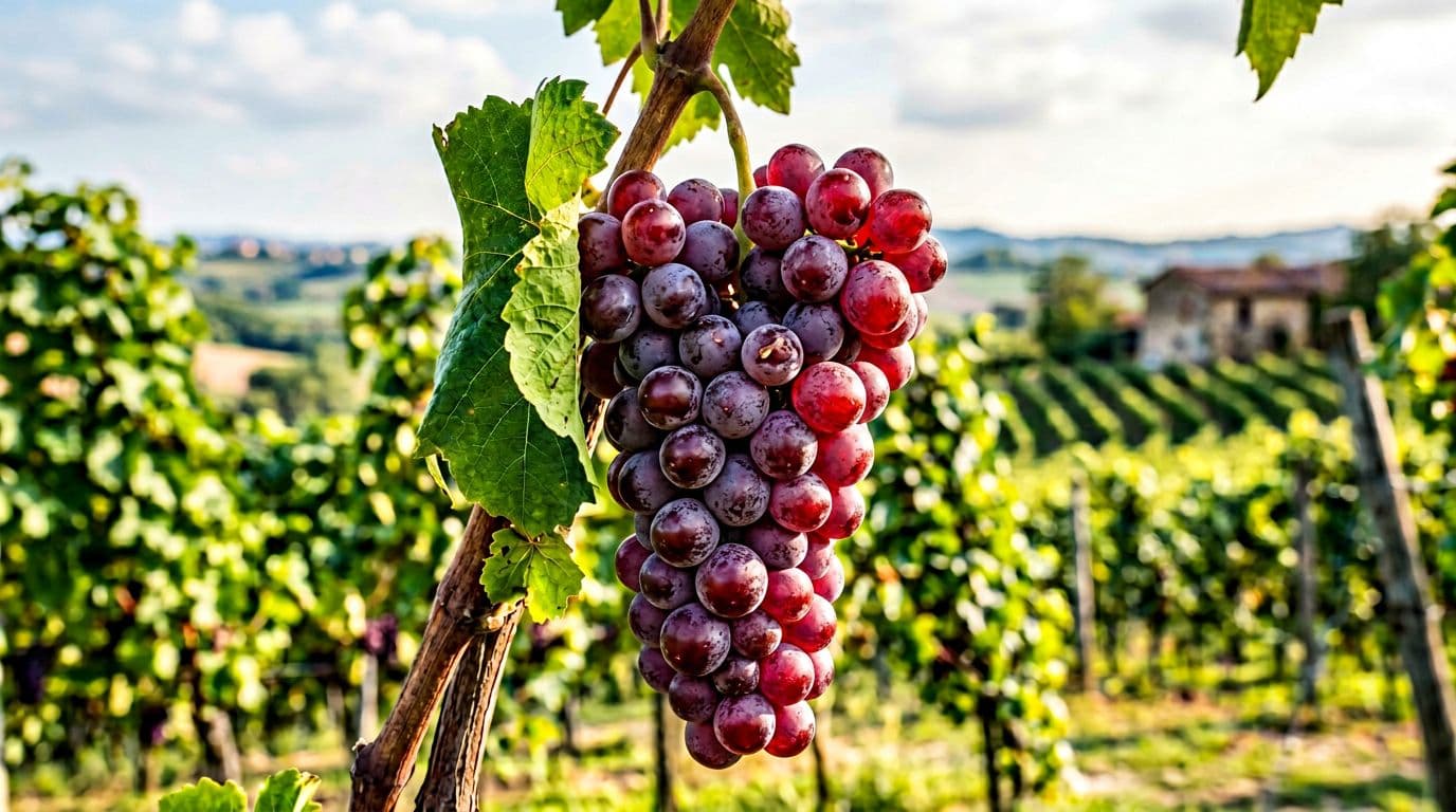 Realistic high-definition close-up of a mature Brachetto grape cluster on the vine in a sunny Piedmont vineyard, featuring shiny ruby-violet berries with natural pruina and a twisted green leaf, against a blurred background of vine rows.