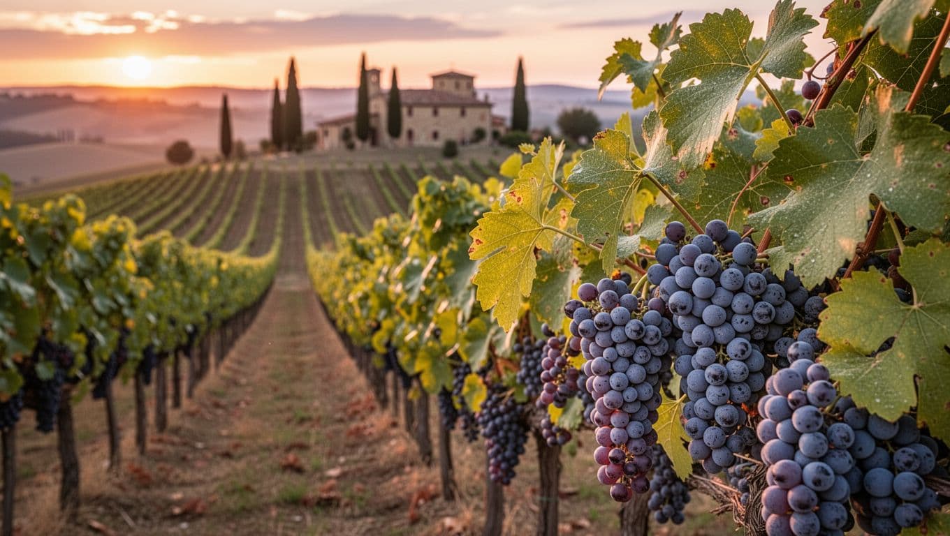 Realistic high-resolution editorial enogastronomic photo of a Tuscan hilly vineyard under sunset light, with orderly vine rows and ripe Canaiolo grape clusters in sharp foreground focus, featuring blue-violet pruinose berries and green leaves in golden backlight. Blurred bokeh background of Tuscan hills, cypresses, and stone farmhouse in warm orange-purple tones, serene atmosphere with shallow depth of field.