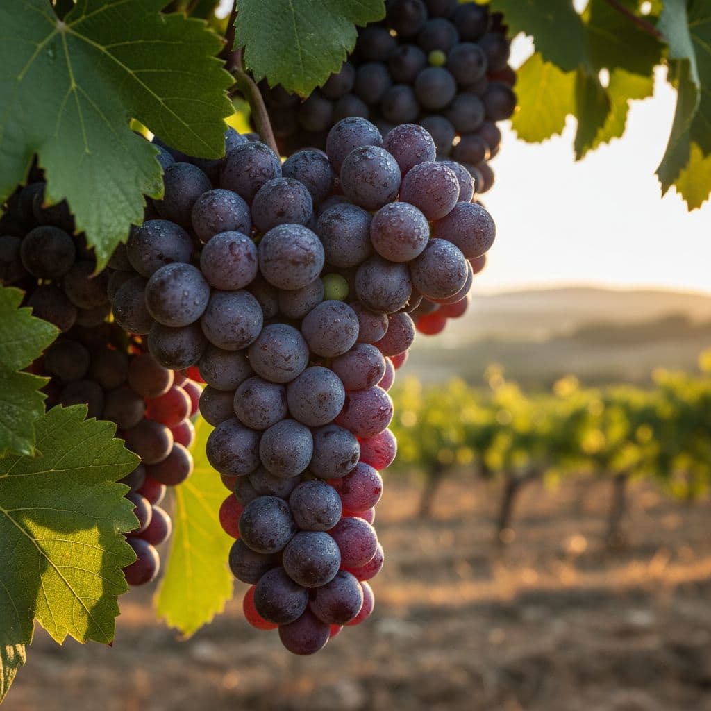High-resolution realistic photograph of mature Cannonau grape clusters with dark red berries, purple reflections, fresh dew drops, and velvety green leaves, set against a blurred Sardinian vineyard with distant hills under golden sunset light.