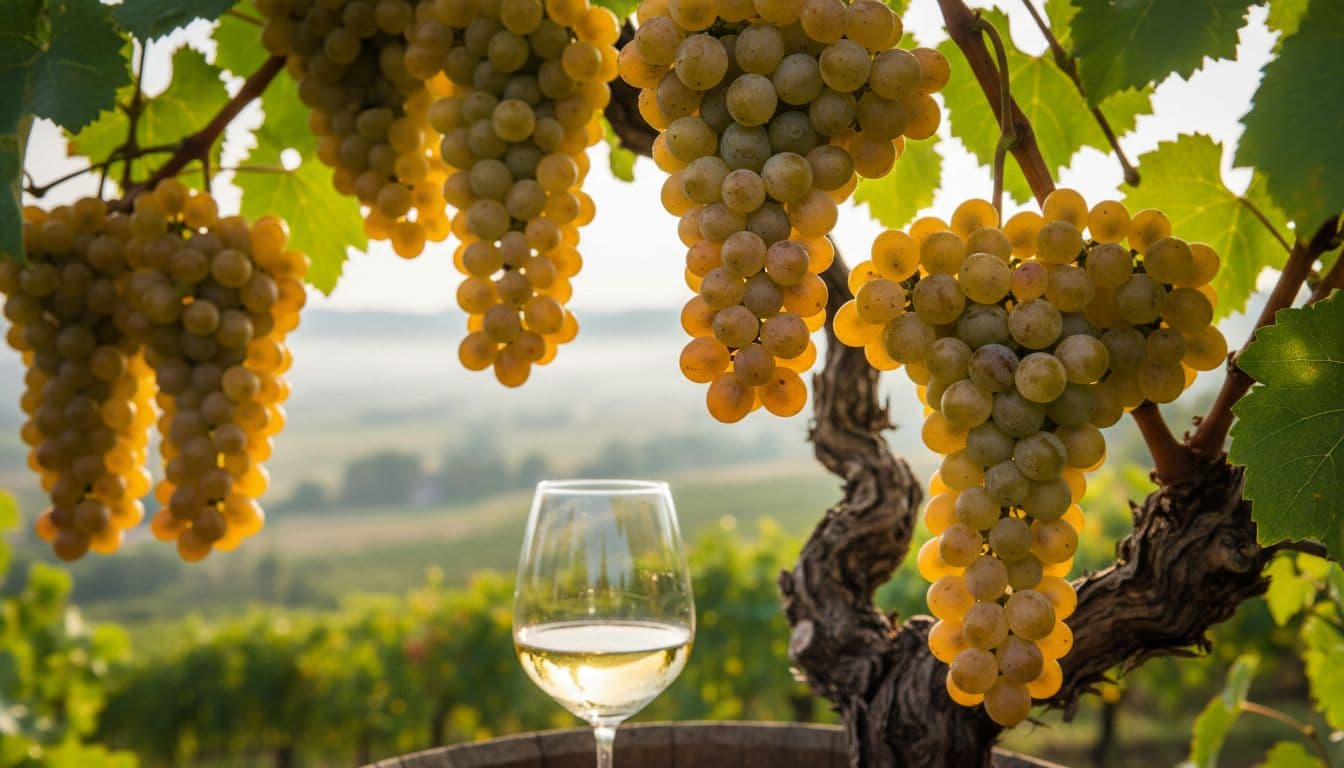 Grappoli di Falanghina maturi con rugiada in vigneto campano