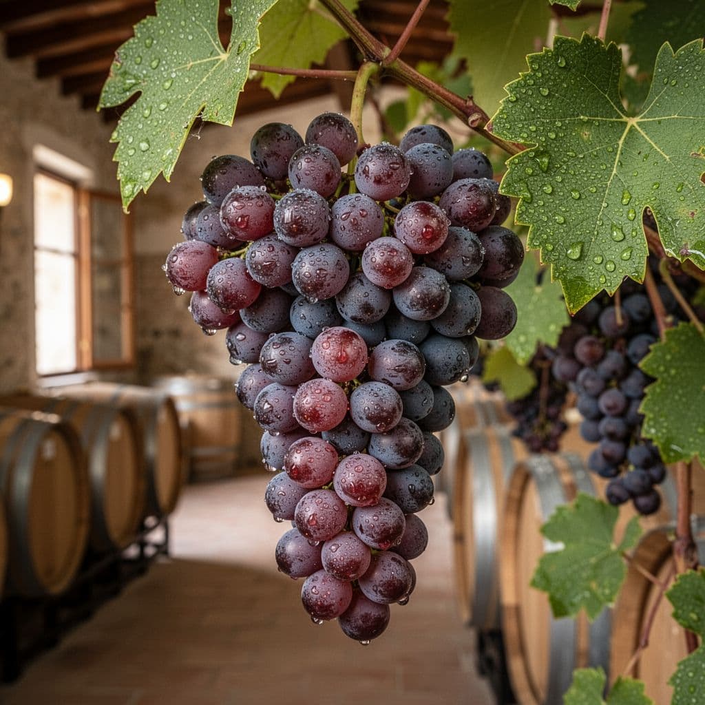 Realistic high-definition close-up of mature dark purple Gaglioppo grape clusters with dew drops on berries, partially framed green leaves, soft natural window light, and blurred background of rustic Calabrian cellar with wooden barrels.