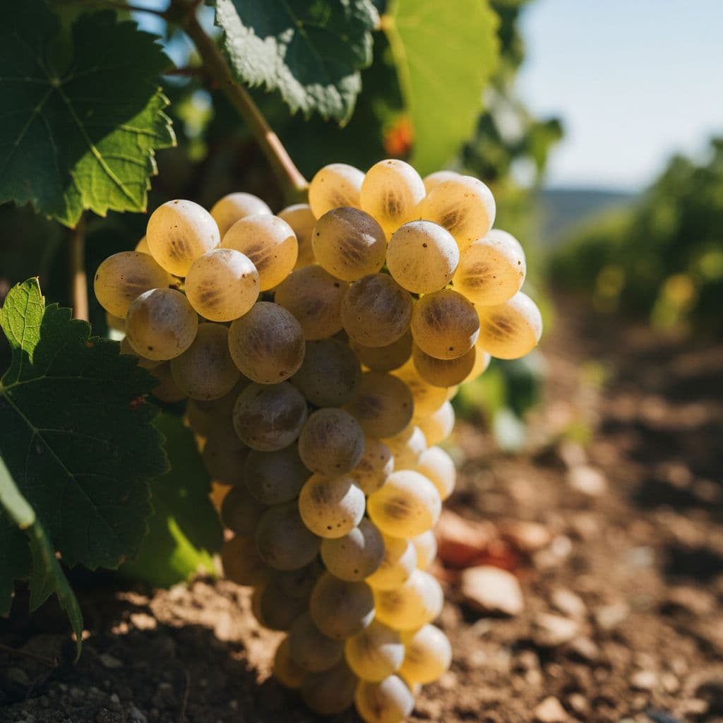 Grappolo di uva Greco matura in macro, con gocce di rugiada
