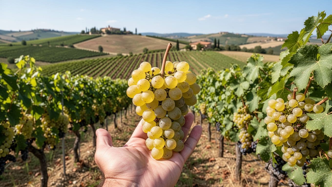 Vigneto di Passerina nelle Marche con un grappolo maturo in primo piano