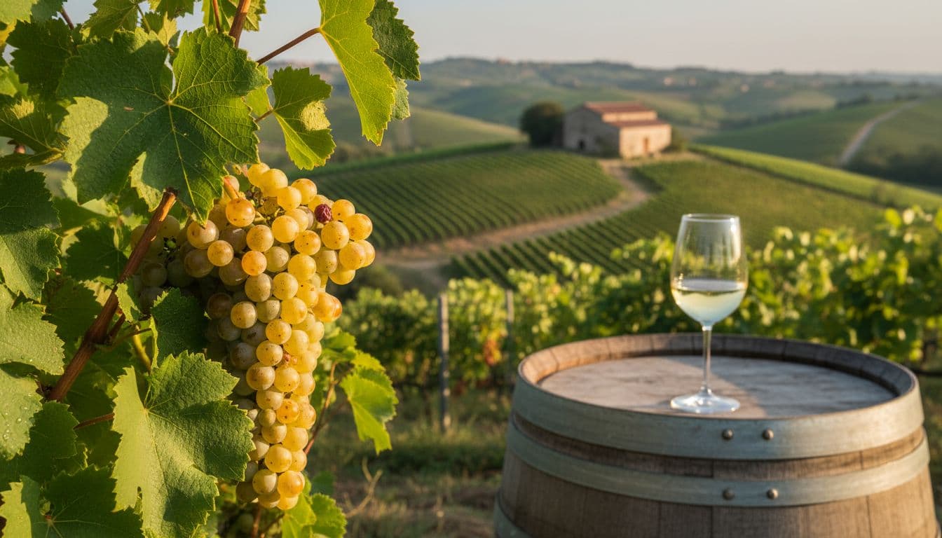Realistic editorial landscape photograph capturing late afternoon natural light on a mature Pecorino grape cluster in a hilly Abruzzo-Marche vineyard, featuring dew-kissed grapes, green vine leaves, rolling vine-covered hills, a rustic stone winery, and a glass of straw-colored white wine on an ancient wooden barrel.