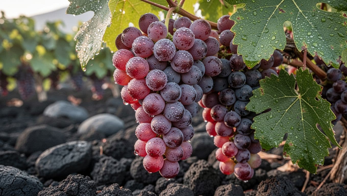 Close-up detailed photograph of mature Piedirosso grape clusters featuring compact red-violet berries with white pruina, partially framed dark green leaves, and a blurred dark volcanic stony background, illuminated by soft natural morning light with dew drops and shallow depth of field highlighting textures.
