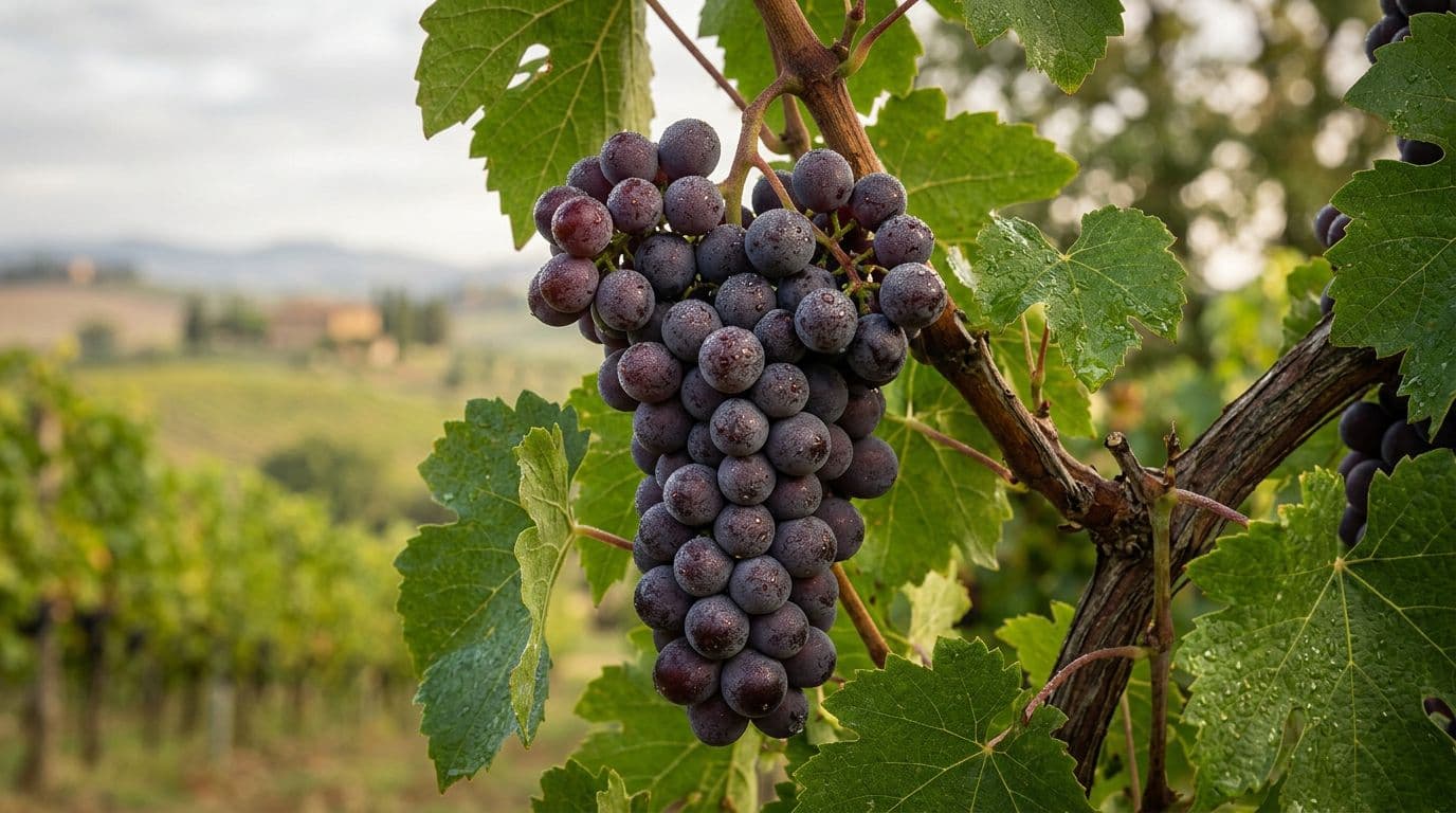 Primo piano di un grappolo di uva Pugnitello matura