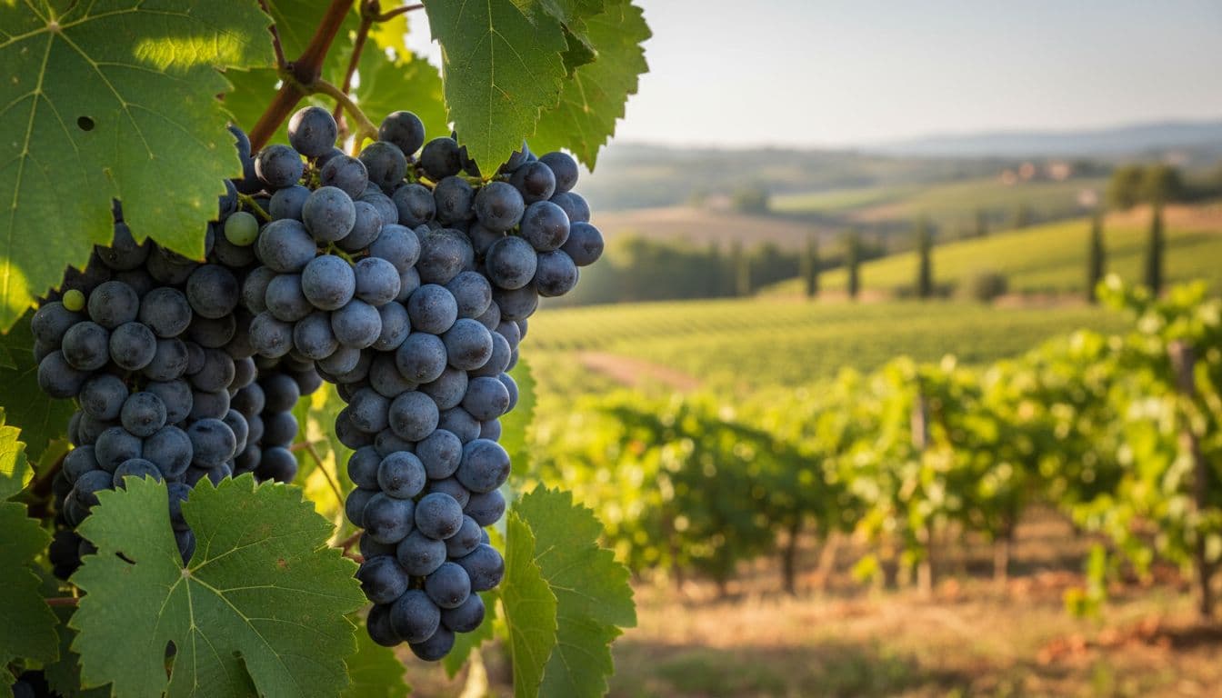 Realistic high-quality photograph featuring clusters of mature purple-black Syrah grapes in sharp focus, wrapped by detailed green leaves, against a softly blurred Mediterranean vineyard background under gentle morning light.
