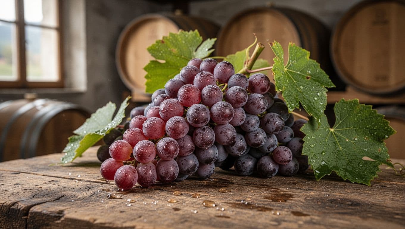 Close-up realistic photograph of ripe Teroldego grape clusters detached from the vine, placed on rustic wooden surface in a Trentino cellar, with intense red-violet color, natural white pruina, fresh dew drops, and soft natural light creating delicate shadows against a blurred background of wooden barrels.
