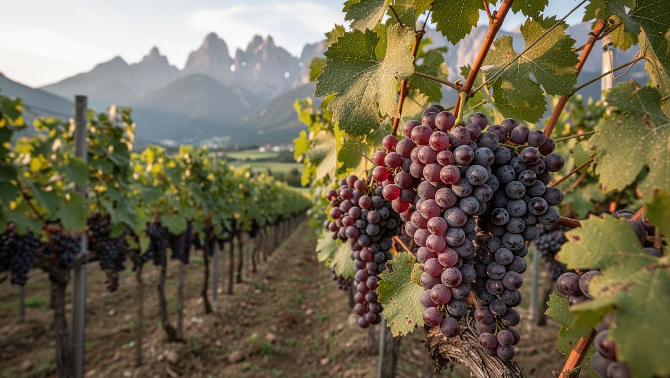 High-resolution realistic photograph of a Teroldego vineyard in Piana Rotaliana, Trentino-Alto Adige, with ripe dark red-violet grape clusters in sharp foreground focus, healthy green leaves lit by warm afternoon sun, and soft bokeh Dolomite mountains in the background.