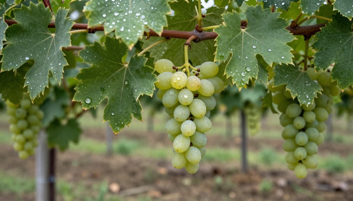Grappoli maturi di uva Timorasso con rugiada