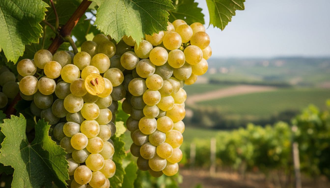 Primo piano dei grappoli di Verdicchio maturi