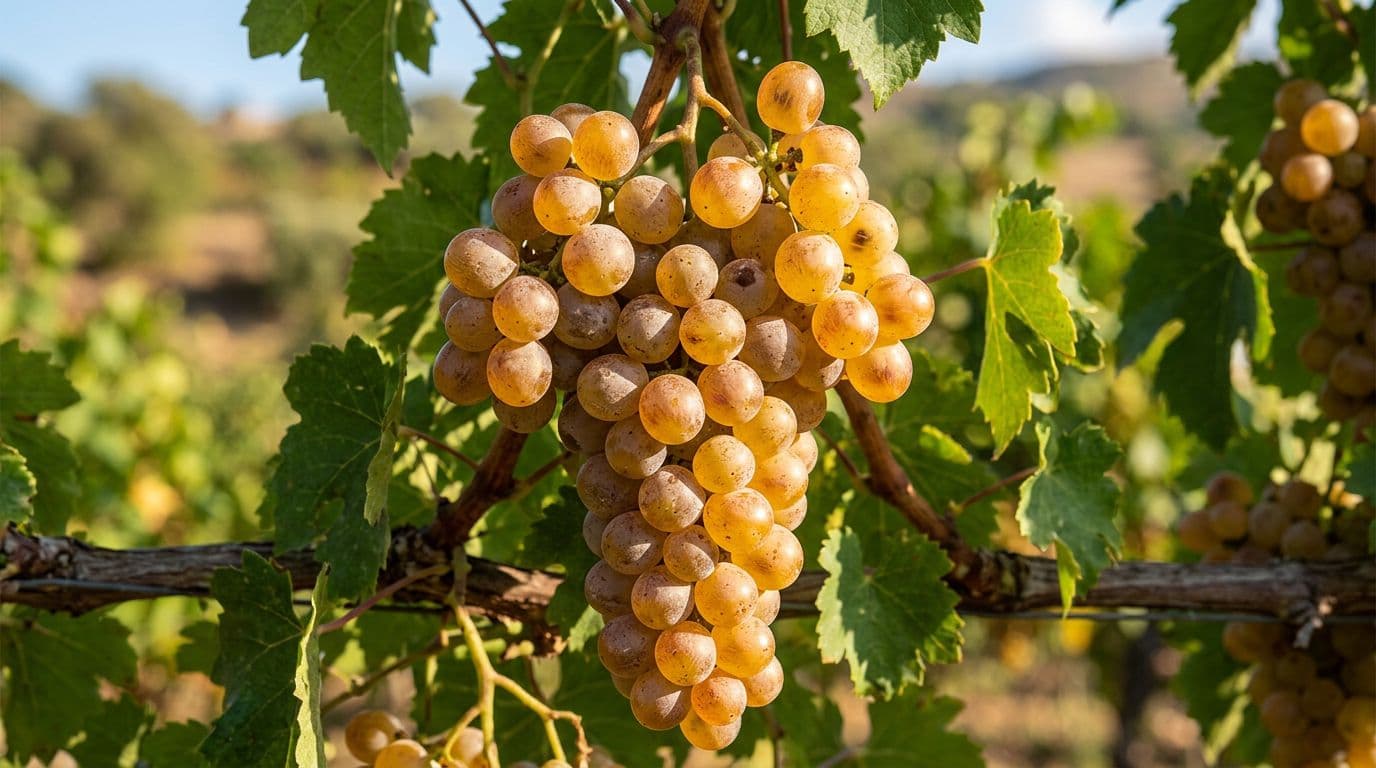 Photorealistic close-up of a mature Zibibbo grape cluster with medium-large golden berries shaded in amber and copper, thick pruinous skin, large seeds, and blurred velvety green leaves in soft natural sunlight, evoking a Mediterranean summer atmosphere.