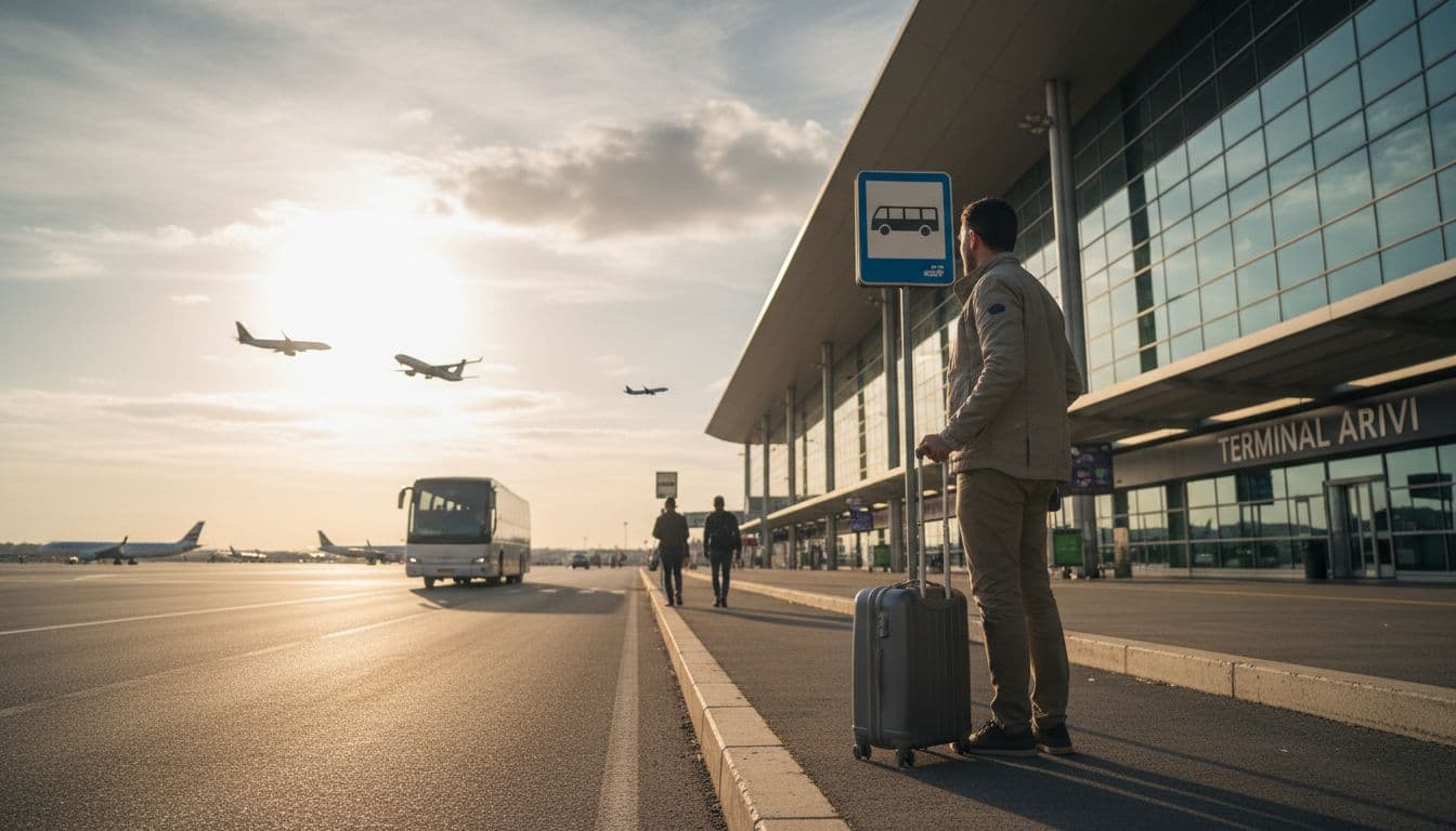 Una persona con valigia rilassata aspetta l'autobus al terminal arrivi dell'aeroporto Fiumicino di Roma, con aerei lontani sotto il sole pomeridiano, stile fotografico realistico.
