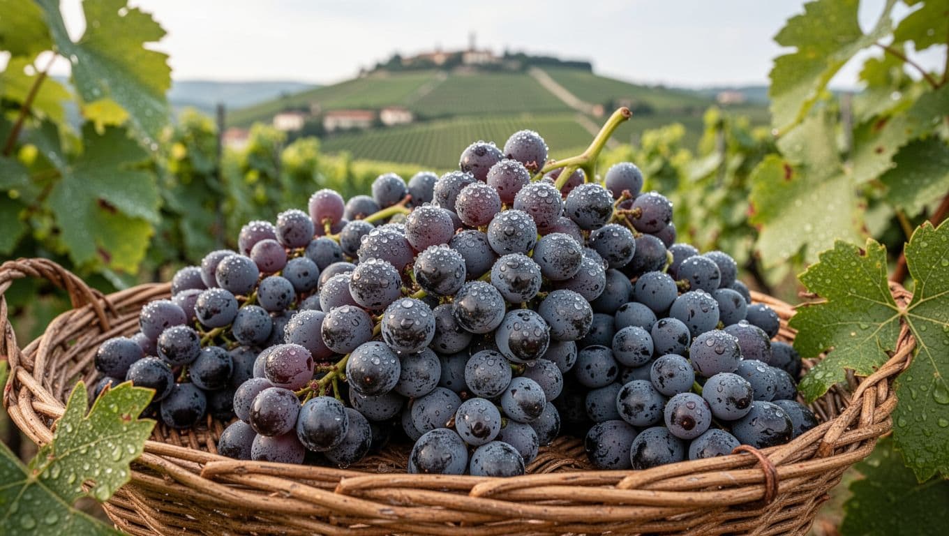 Realistic high-resolution editorial photo of freshly picked Rondinella grape clusters in a wicker basket in a Veneto vineyard, with soft morning light, dew drops on purple-black berries, and bokeh background of Valpolicella hills.