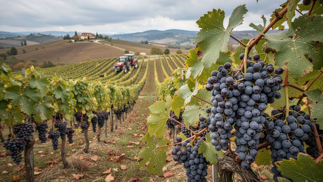 Vigneto di Ruchè sulle colline del Monferrato in Piemonte durante la vendemmia autunnale, con grappoli maturi in primo piano e colline morbide sullo sfondo.