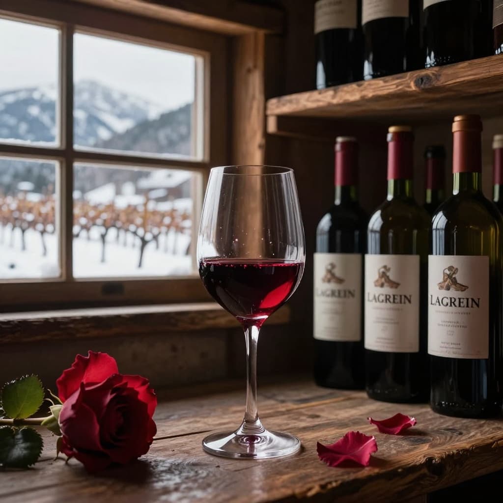 Rustic Alto Adige winery scene with red Lagrein bottles on wooden shelves, a central glass of dark ruby wine, blurred rose petals and spices, soft light from a window showing snowy winter vineyards and mountains. Intimate atmosphere with selective focus on the glass, realistic HD photo style.