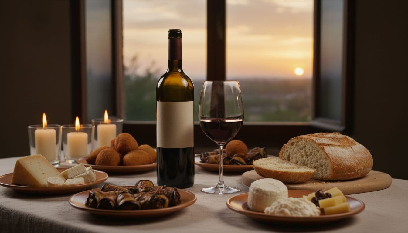 Photorealistic high-quality editorial image of a rustic banquet table in a Sicilian masseria, featuring an open Nero d'Avola bottle, full ruby red wine glass, golden arancini, eggplant involtini, local cheeses, homemade bread, warm candle and sunset lighting on rough linen tablecloth.