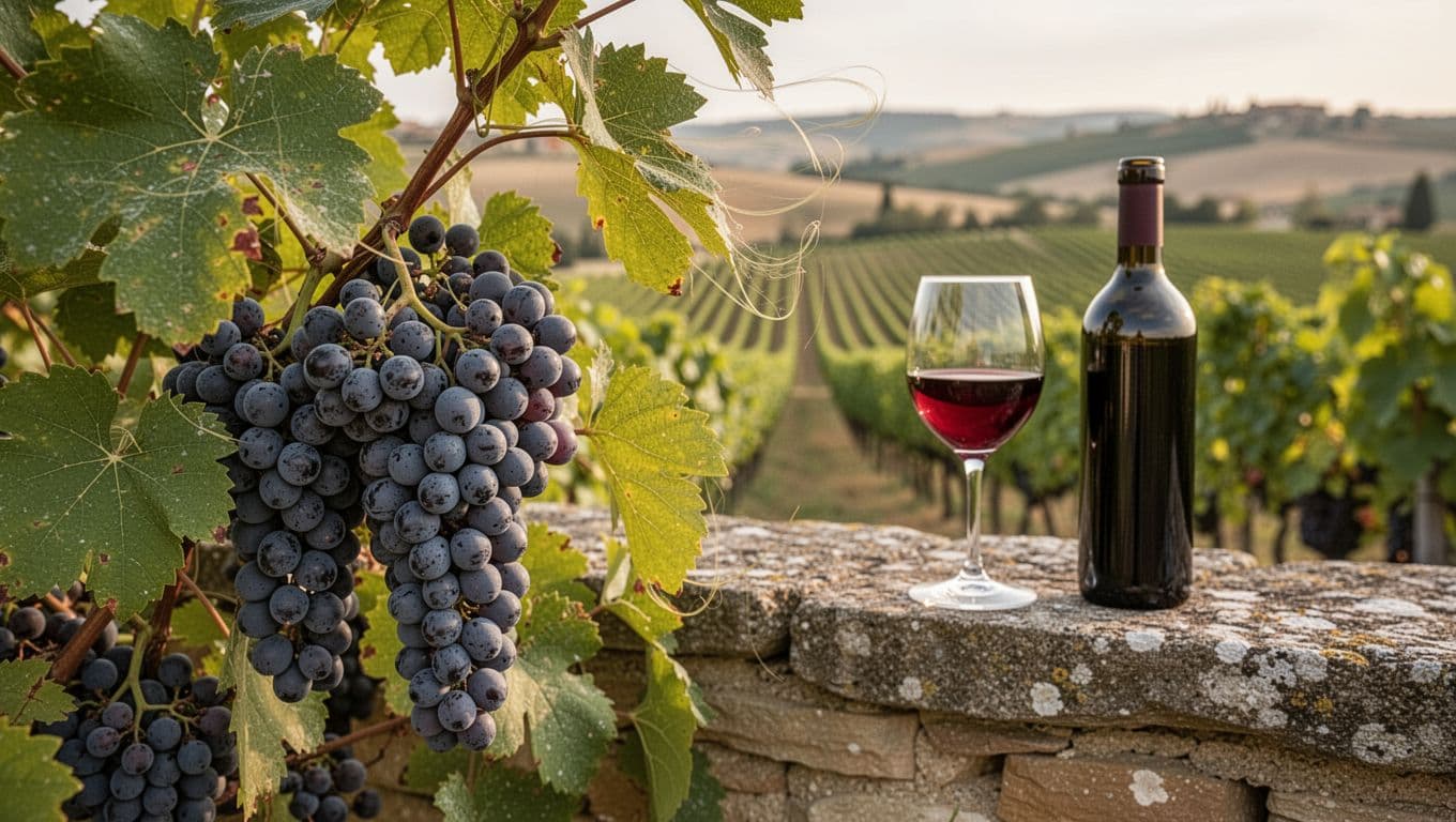 High-resolution realistic editorial-style photograph of mature Sagrantino grape clusters with thick skins and bloom, green leaves, and vineyard rows extending into Umbrian hills, featuring a ruby red wine glass and unlabeled bottle on an ancient stone wall in the background.