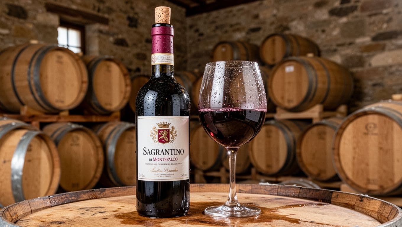 Realistic high-resolution close-up of an intense red Sagrantino di Montefalco wine bottle with condensation droplets, cork stopper, and a full glass showing purple reflections, set in a traditional Umbrian cellar amid stacked oak barriques and stone walls.