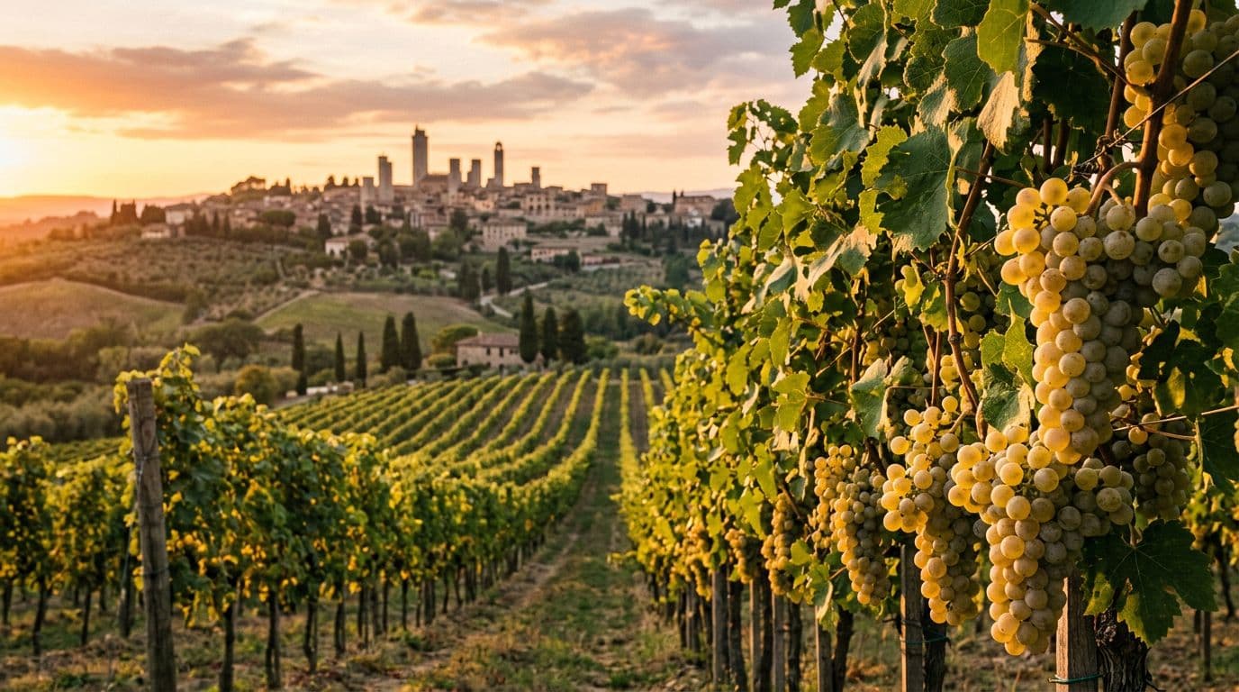 Realistic high-resolution editorial enology photograph of a Tuscan Vernaccia di San Gimignano vineyard on a gentle hill at sunset, featuring orderly rows of vines with golden and greenish white grape clusters covered in pruina in the foreground, and the medieval borgo with towers of San Gimignano in the distant background under warm golden light.