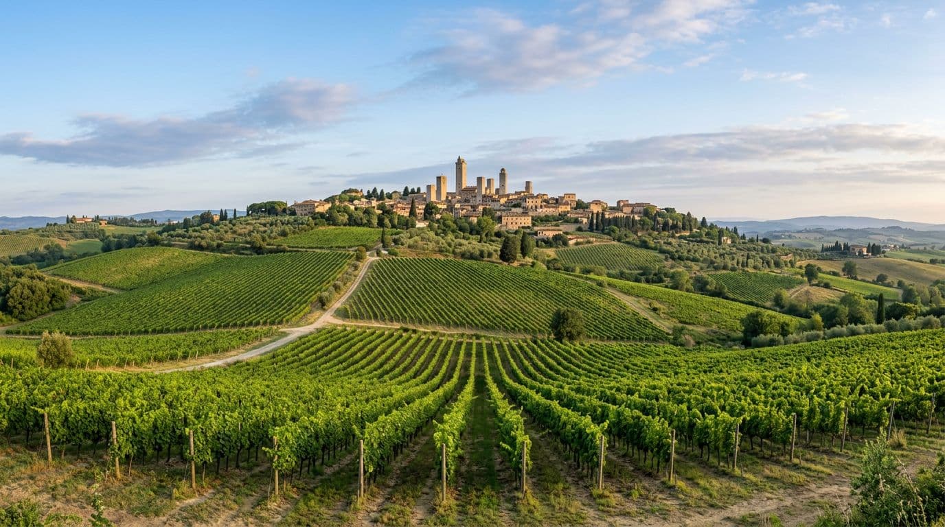 Realistic high-resolution editorial enological photograph of Tuscan hilly landscape with orderly green Vernaccia vineyards around San Gimignano's prominent medieval towers under a clear early morning blue sky, featuring soft diffused light, vivid authentic colors, and depth of field with blurred hills.