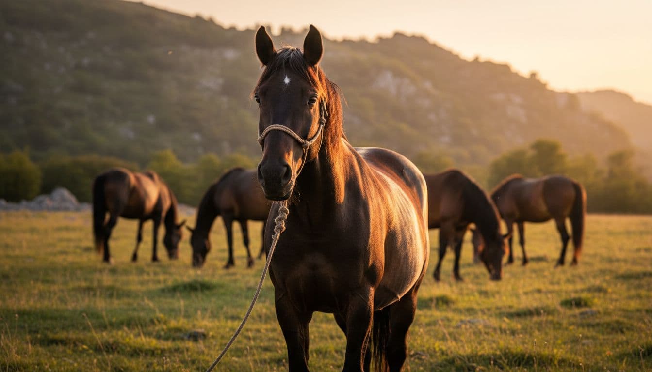 Realistic high-definition portrait of a dark bay Sanfratellano horse grazing in Sicily's Nebrodi mountain alpine meadow at golden sunset, with muscular build, noble head, and blurred background herd.