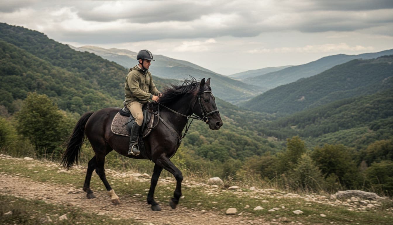 Realistic high-definition portrait of a Sanfratellano horse during a trek in Sicily's Nebrodi mountains, walking a steep path with rider, surrounded by wooded valley and cloudy skies.