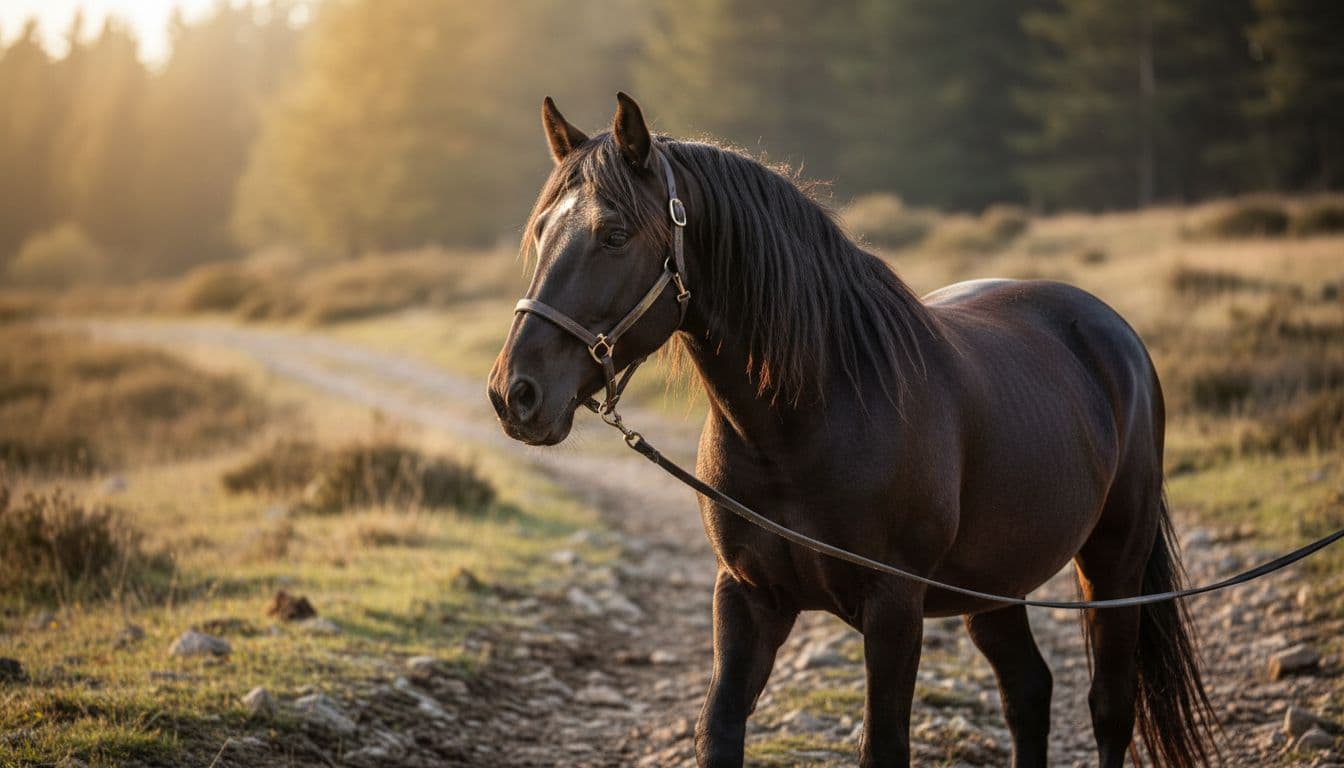 Realistic high-definition portrait of a robust Sanfratellano horse on a rocky trekking path in Sicily's Nebrodi mountains, surrounded by mixed forest and meadows under warm morning light. The horse is shown in three-quarter pose with expressive features, windswept mane, and discreet leather halter, against a softly blurred bokeh background.