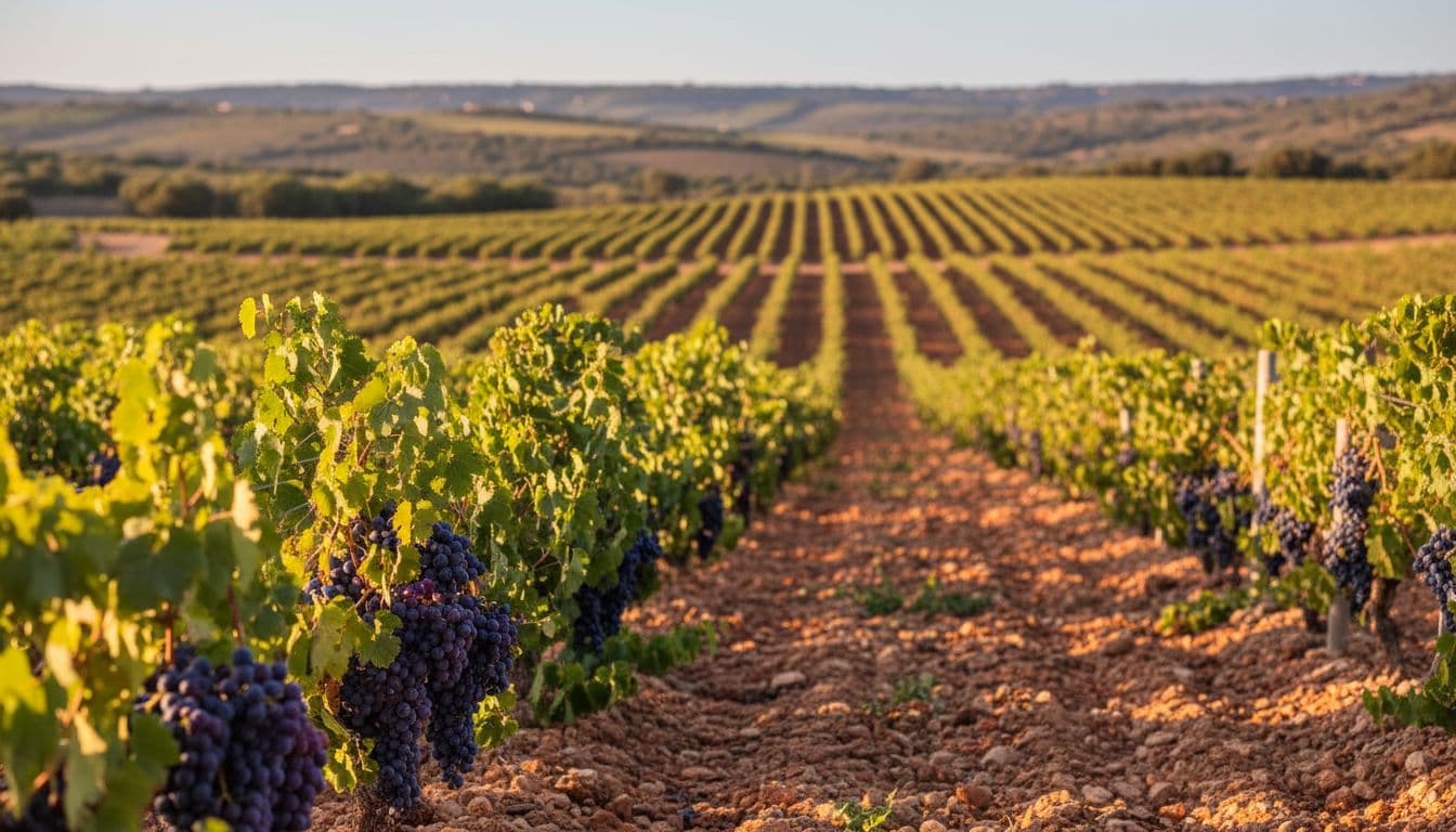 High-resolution realistic photograph of a vast Cannonau vineyard in Sardinia, with neat vine rows on gentle Mediterranean hills, rocky red-pebble soil, and dark purple grape clusters lit by warm late-afternoon light with shallow depth of field.