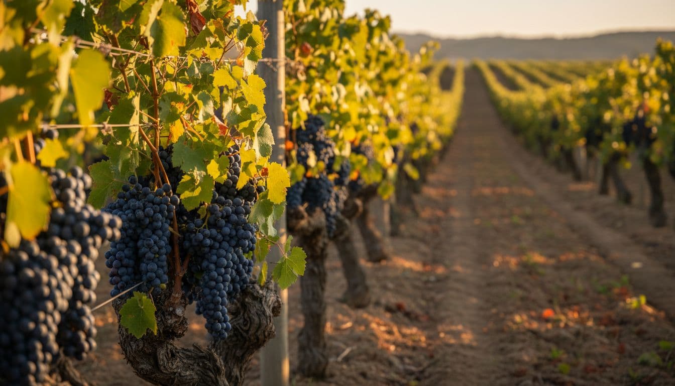 Realistic high-quality photograph of orderly rows of old bush-trained Carignano vines in a Mediterranean Sardinian vineyard at sunset, with dark purple grape clusters and green leaves in sharp focus under warm golden light.