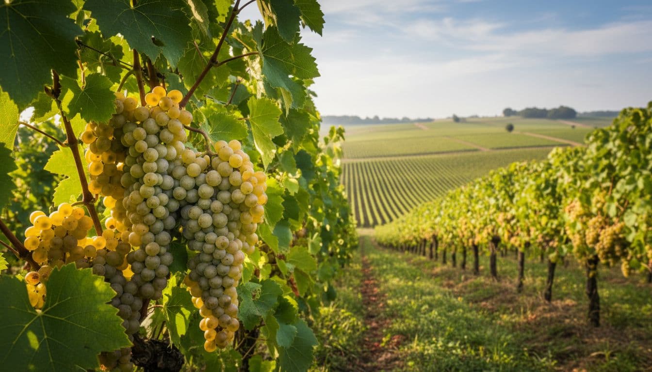 Rows of Sauvignon Blanc vineyards in a hilly French region like Bordeaux, with ripe white grape clusters in the foreground, detailed green leaves, and fresh green-golden morning natural light in an elegant landscape composition.