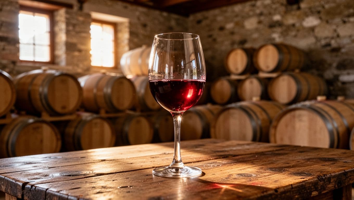 Realistic high-definition photograph of a Schioppettino red wine glass on an antique wooden table in a Friulian cellar, featuring deep ruby color with orange reflections and warm lighting. Blurred background with stacked oak barrels and rough stone walls creates an intimate bokeh atmosphere.