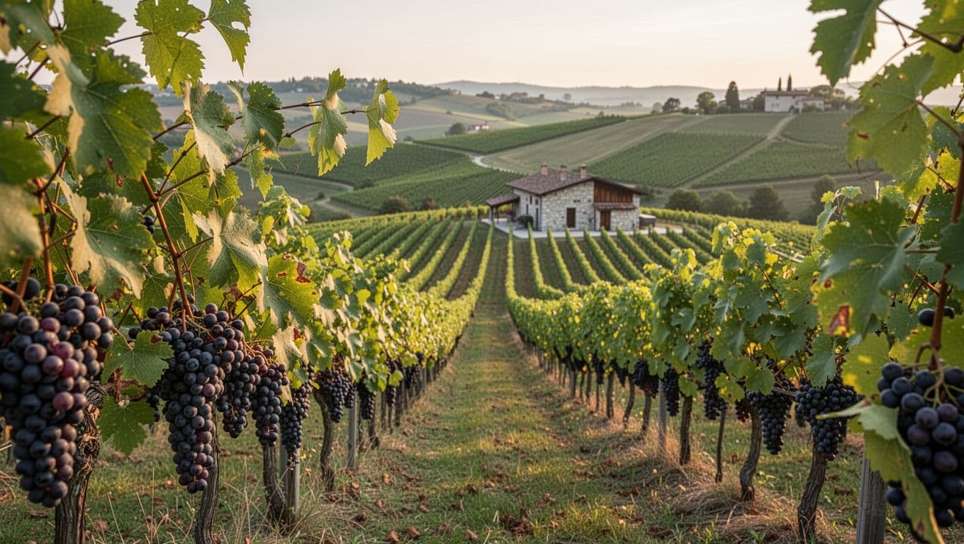 Realistic high-definition photo of a Schioppettino vineyard in Friuli Venezia Giulia's Colli Orientali del Friuli, with warm late afternoon light on orderly rows of vines on green hills, dark purple grape clusters in foreground, and a rural stone winery in the background with soft bokeh.
