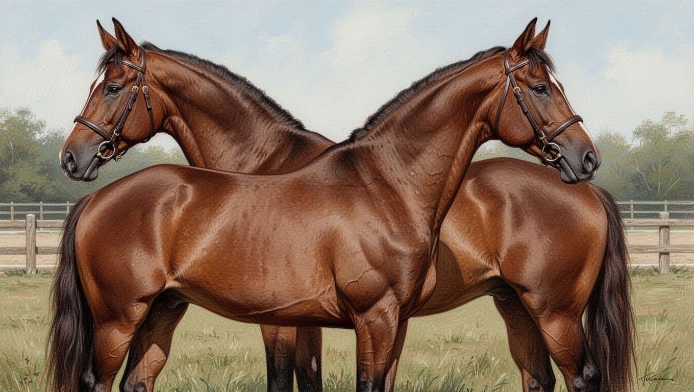 High-definition realistic illustration of a Selle Français bay jumping horse in stopped right profile position, focusing on the oblique free shoulder at 45 degrees and prominent long withers, against an outdoor riding arena background with grass and fencing. Soft natural daylight highlights accurate anatomical details, musculature, and earthy colors in a clean hyperrealistic painting style.