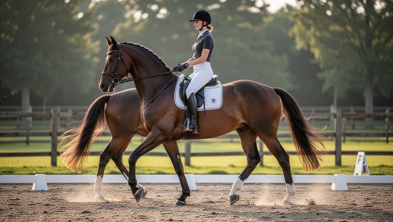 Illustrazione realistica di un cavallo Oldenburg baio in lavoro di dressage amatoriale in un rettangolo all'aperto, vista 3/4 laterale con schiena e groppa ben visibili.