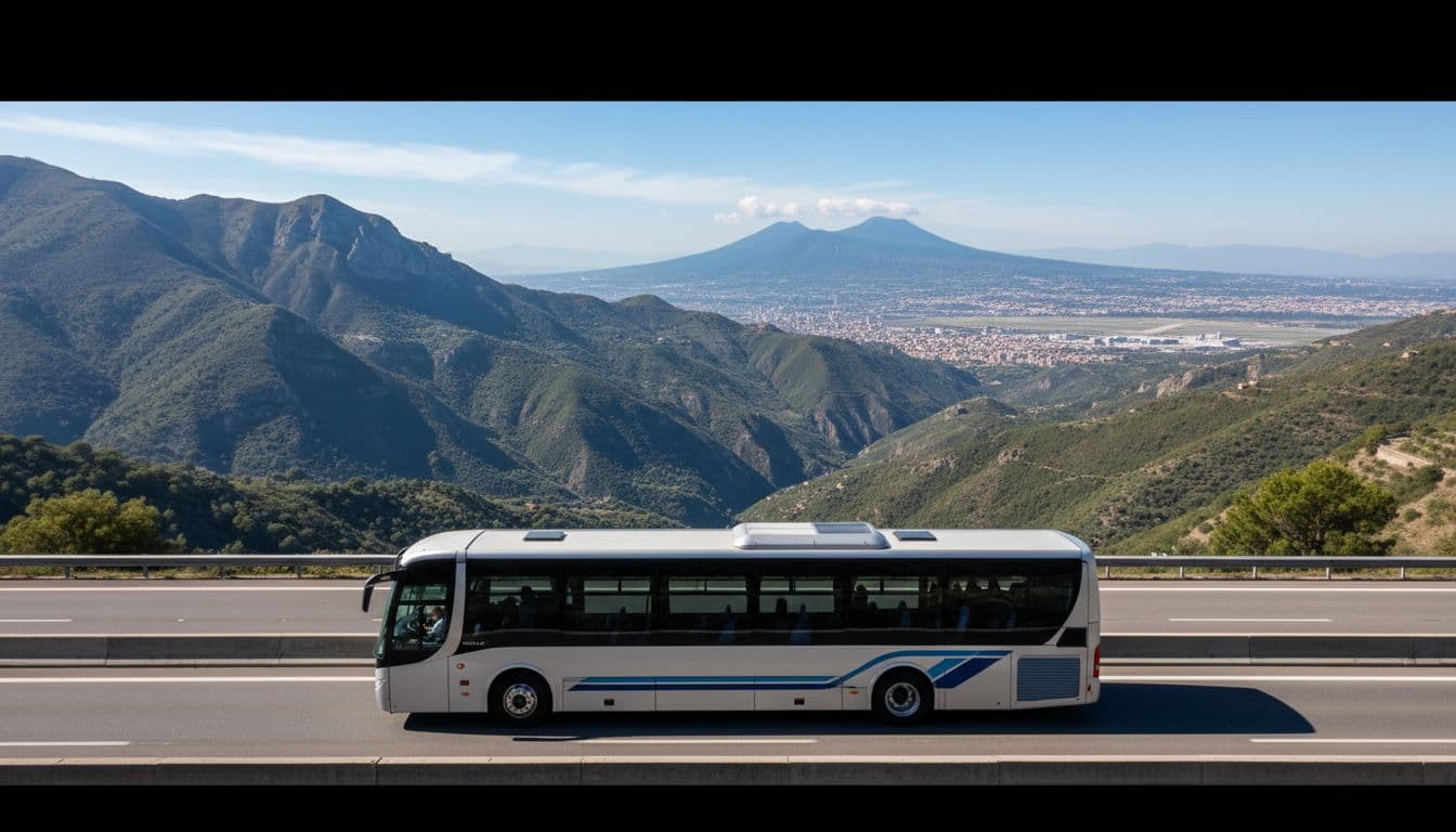 Modern shuttle bus traveling on highway from mountainous area near Avellino towards Naples Airport, realistic side view with natural daylight, no people or text visible.