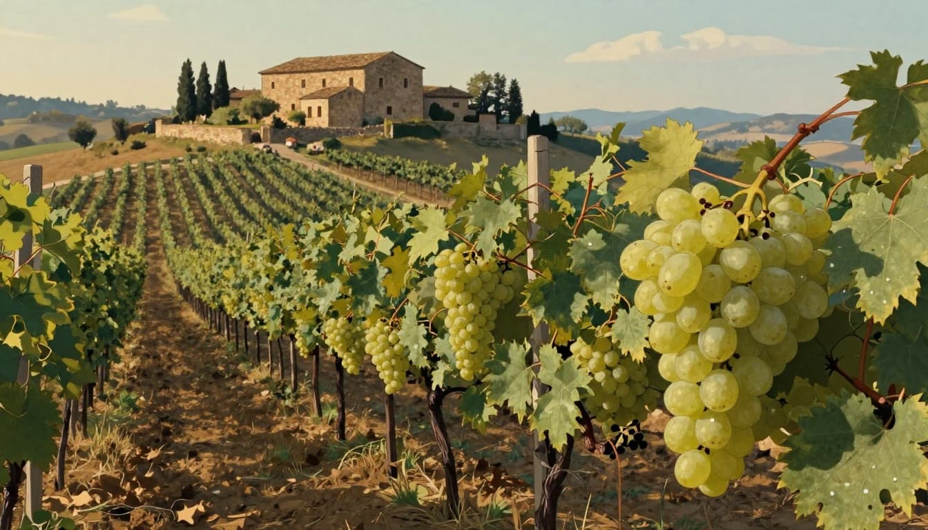 Vigneto siciliano al tramonto dedicato al Catarratto, con filari su colline mediterranee e un grappolo in primo piano