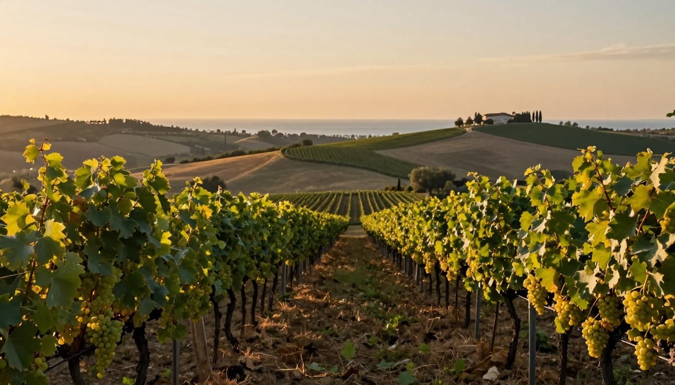Realistic high-resolution editorial-style photograph of a Sicilian Grillo vineyard at sunset, featuring rows of vines with ripe golden-white grapes, dusty intense green leaves, arid hills, sea breeze hints, and warm golden light with shallow depth of field.