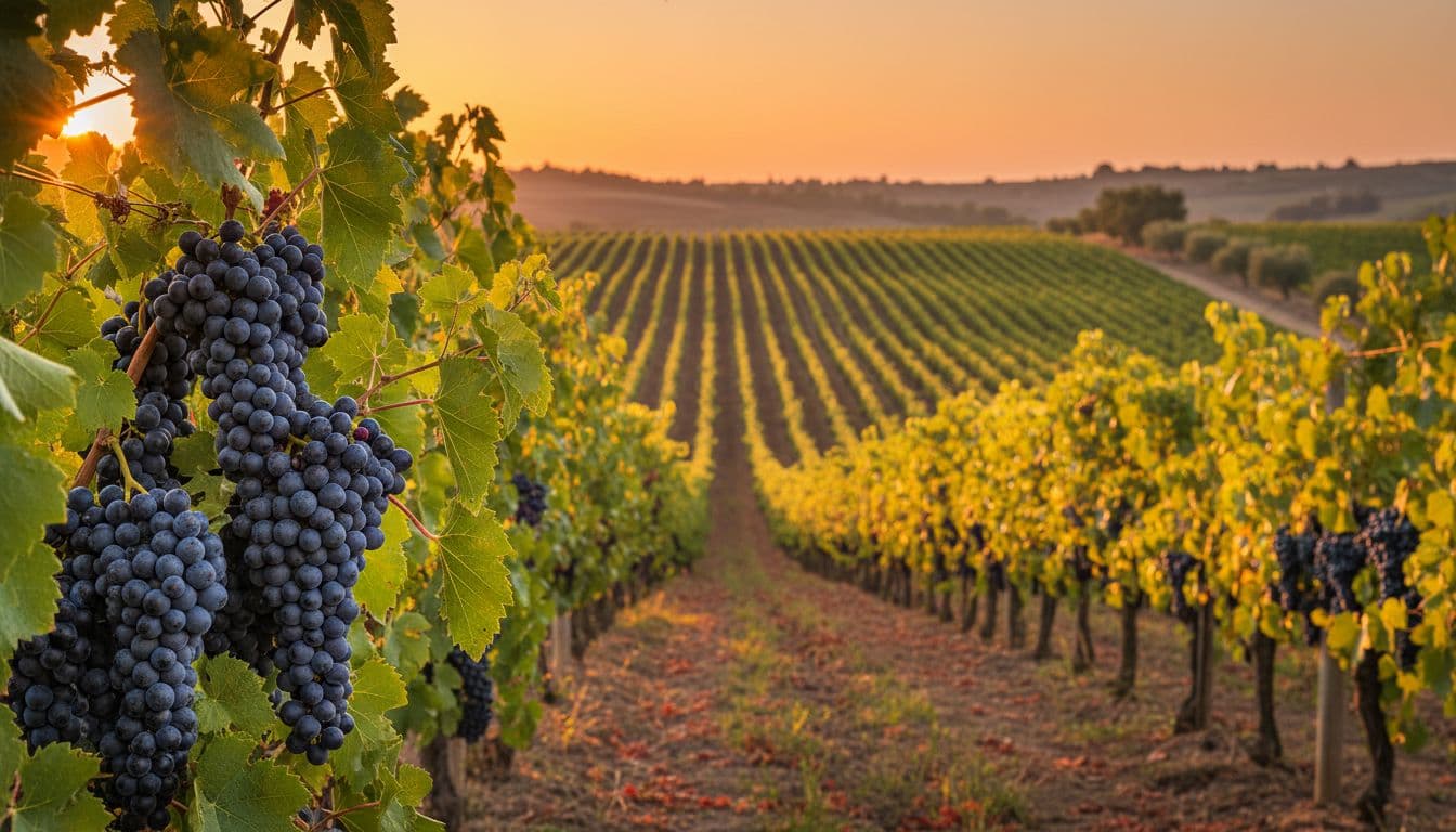 Photorealistic editorial image of a Sicilian Nero d'Avola vineyard at sunset, with ordered rows of vines on a gentle hill, ripe black grapes in sharp focus foreground, and a warm Mediterranean landscape backdrop featuring ancient olive trees and rolling hills.