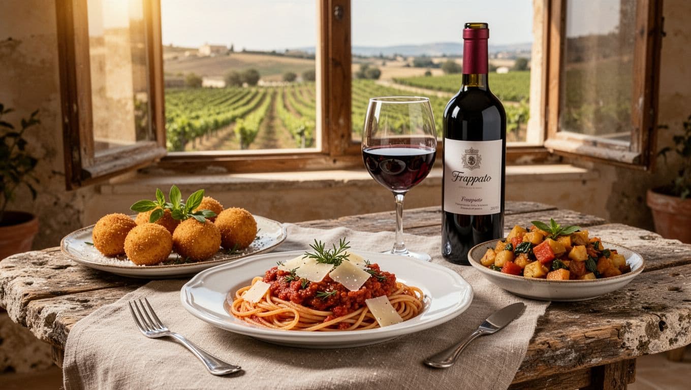 Hyperrealistic editorial-style photograph of a rustic table with Sicilian pasta in sugo, arancini or caponata, a glass and open bottle of ruby red Frappato wine. Warm window light overlooks Sicilian vineyards, shallow depth of field on appetizing food details with natural colors.