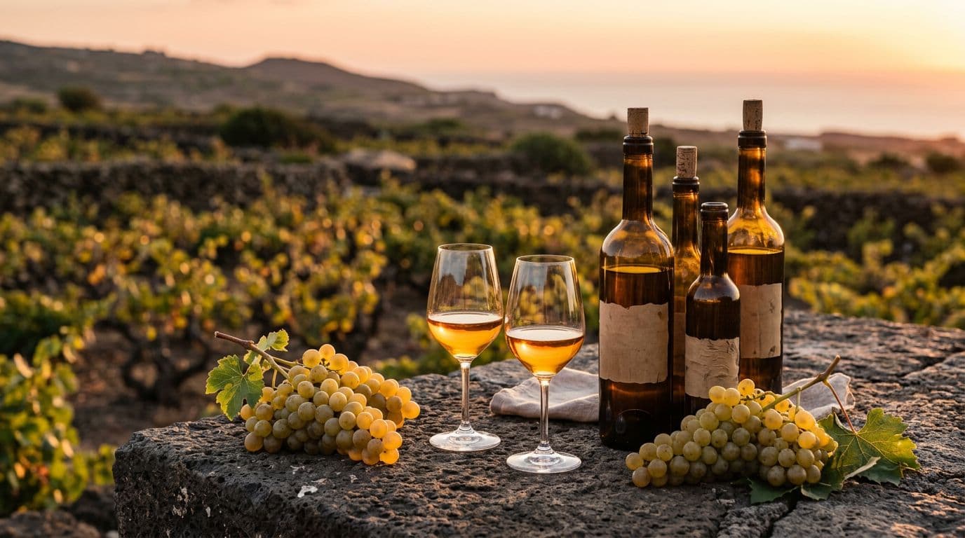 Photorealistic editorial image of Zibibbo passito wine bottles on a rustic lava stone table, with golden wine glasses, fresh grape cluster, and blurred Pantelleria vineyard background under warm evening light.